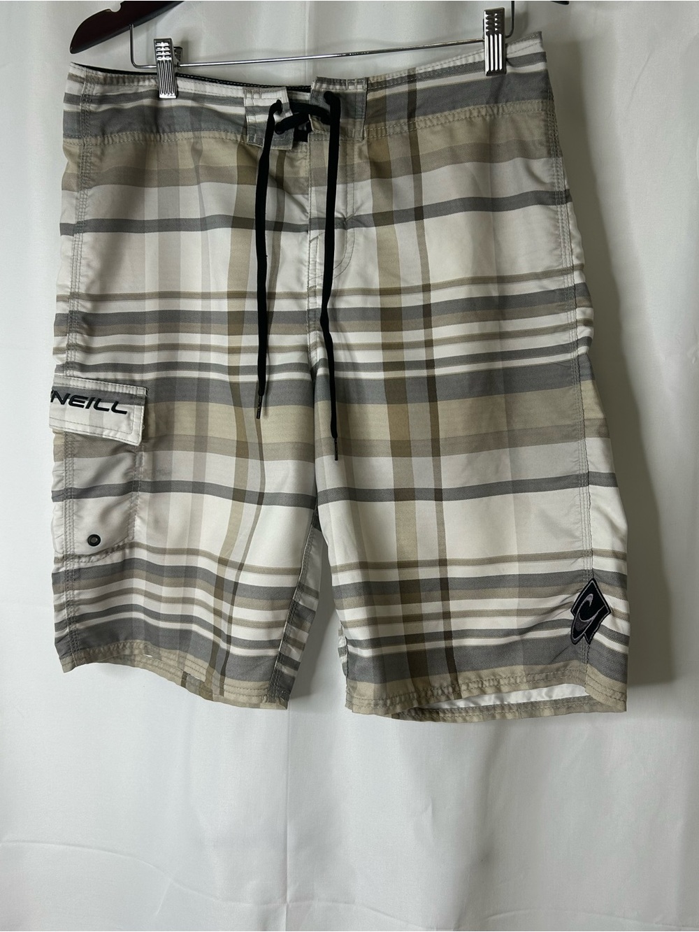 O’Neill Men’s Plaid Board Shorts Gray Beige Size 34 Surf Swim Trunks